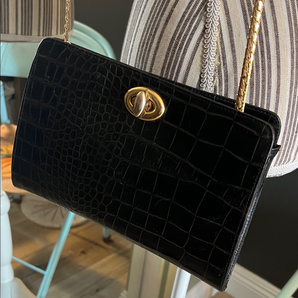🛑 1 hour sale. Antonio Scebi Genuine Leather Black Crocodile Embossed Bag - Picture 3 of 10